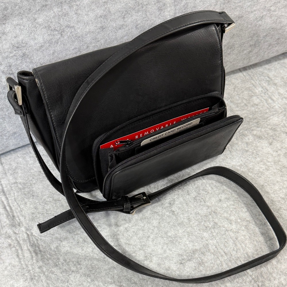 Black Faux Leather Purse Shoulder Bag Silver tone